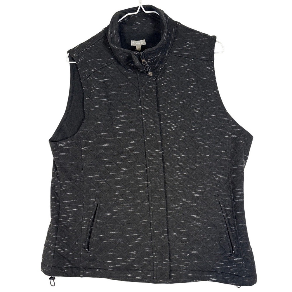 Talbots Womens XL Black Space Dye Quilted Full Zip Fleece Lined Vest Pockets